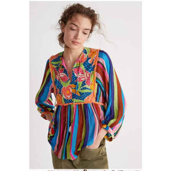 Anthropologie Tops - New Anthropologie Floral Beaded Babydoll Blouse Verb by Pallavi Singhee $168 XS